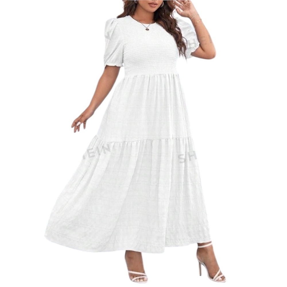 White Puff-Sleeve Smocked Bodice Maxi Dress - Unbranded